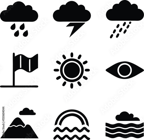 Weather Icons Rain, Sun, Clouds, Storm, Rainbow, Flag, Eye, Mountain