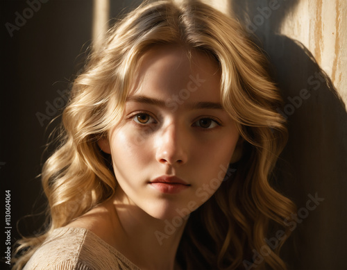 portrait of a girl with wavy blonde hair with sharp, bright beams of sunlight