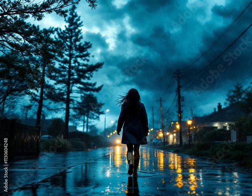 Frau bei Regen auf reflektierender Straße unter dunklem Himmel photo