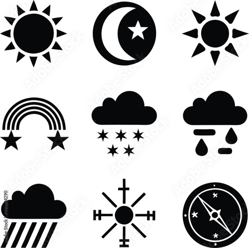 Weather Icons Sun, Moon, Stars, Rain, Snow, Rainbow, Compass