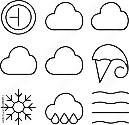 Weather Icons Cloud, Sun, Snow, Rain, Wind, and Umbrella Symbols