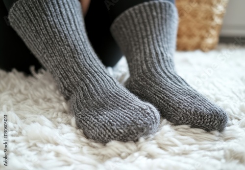 Cozy Gray Knitted Socks on a Soft White Rug in Warm Interior Setting photo