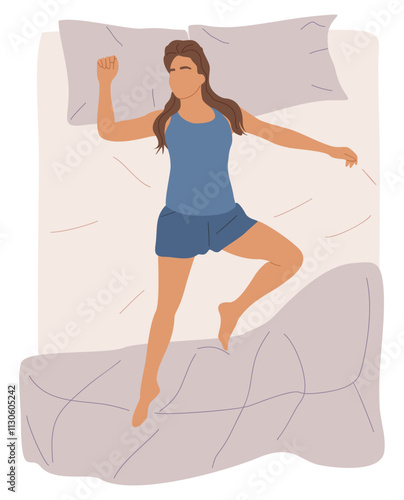 Asleep woman in bed. Girl sleeping, dreaming, resting alone. Sleeper top view. Sleepy single female character lying, relaxing. Flat graphic vector illustration isolated on white background