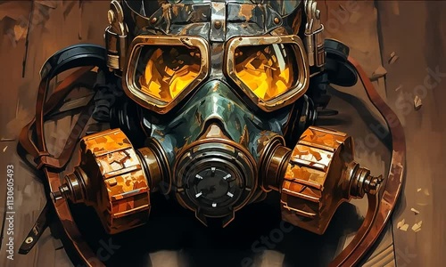 Close-up of gas mask on a rustic table surface photo