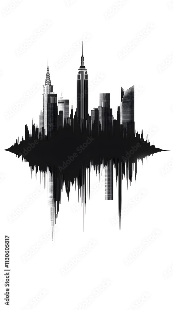 Obraz premium Vector design of an audio wave with the silhouette of New York City's skyline in black and white