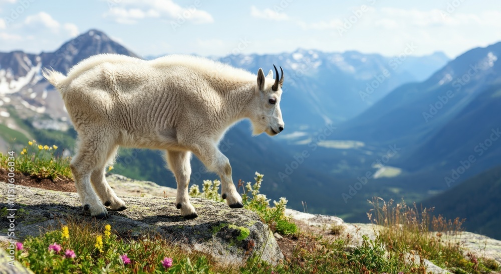 Obraz premium Mountain goat grazing in scenic alpine meadow amidst rocky mountain range