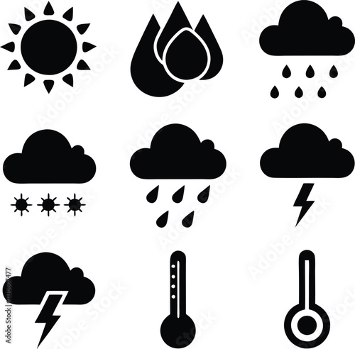 Weather Icons Sun, Rain, Clouds, Snow, Lightning, Temperature