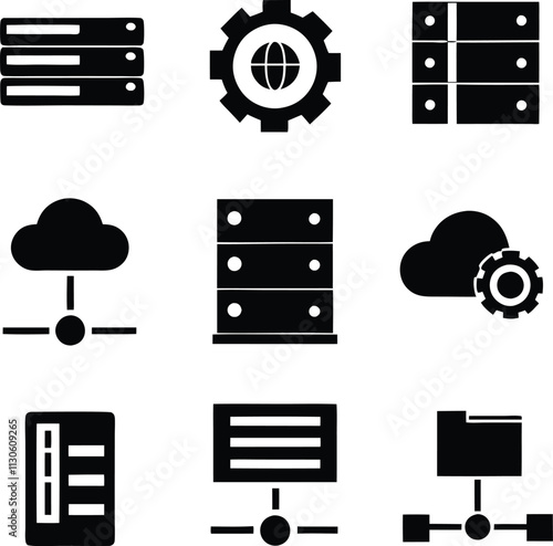 Global Network Server Icons Cloud Computing, Data Storage, and Management