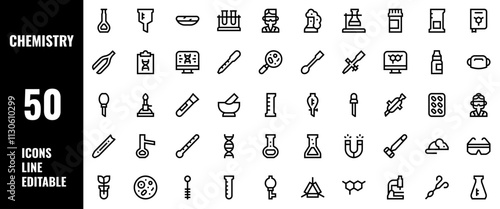 50 Chemistry Icons Set Pack Line Editable Vector Illustration