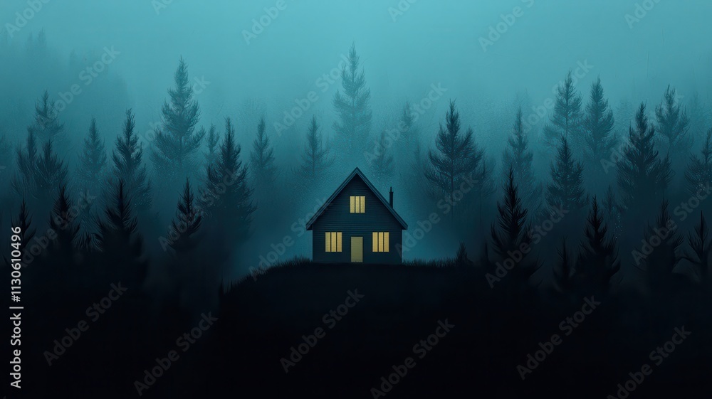 Fototapeta premium Misty Forest House Night Scene Dark Green Blue Illustration Home Nature Trees Solitude Calm