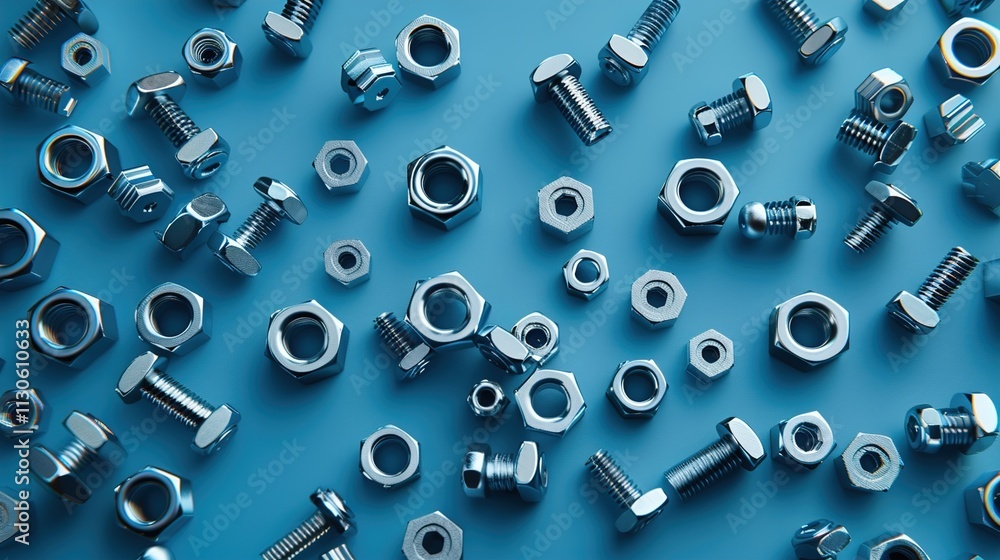 Steel nuts and bolts scattered on a solid blue background.