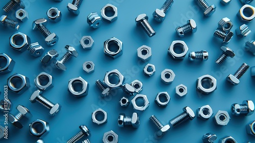 Steel nuts and bolts scattered on a solid blue background.
