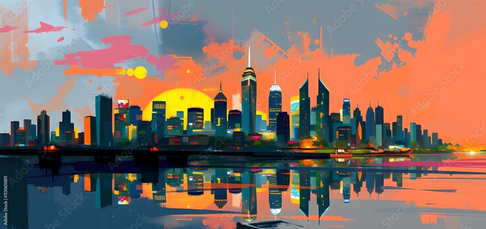 Fototapeta premium city skyline at sunset painting