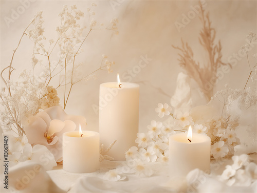 Lit candles arranged against a soft background of delicate white decorations, creating a serene and cozy ambiance for relaxation or meditation.