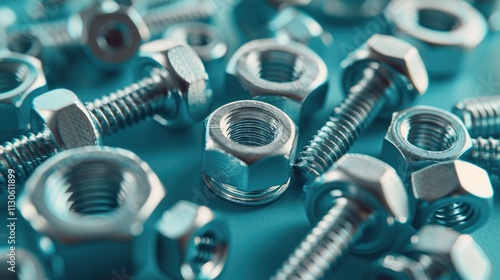Obraz na płótnie Steel nuts and bolts scattered on a solid blue background. w salonie