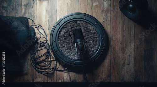 Studio microphone on shock mount, cables, speaker. photo