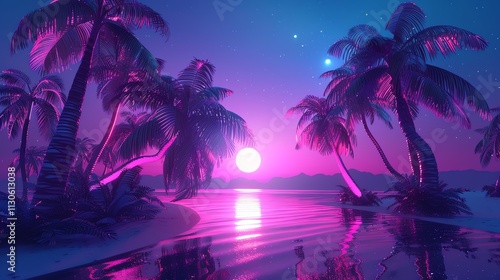 A digital art illustration of a tropical beach at night, with palm trees and a pink moon in the sky.