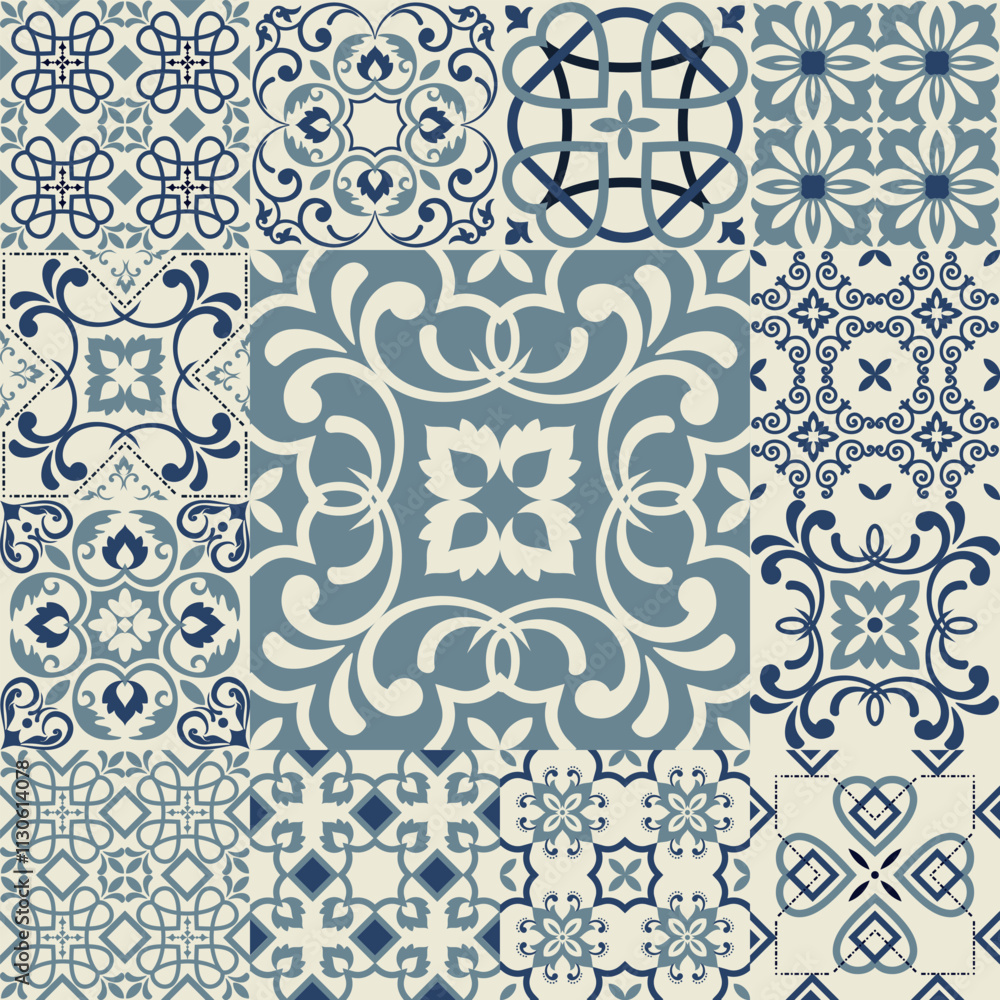 Hand drawn seamless abstract tile pattern. Spanish ceramic floor tiles. Portuguese motifs. Colorful decorations pattern, racy vector design. Ceramic tiles in turkish style.
