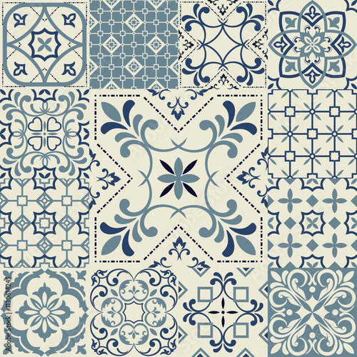 Hand drawn seamless abstract tile pattern. Spanish ceramic floor tiles. Portuguese motifs. Colorful decorations pattern, racy vector design. Ceramic tiles in turkish style.