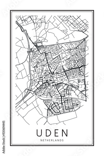 Printable downtown road map poster of the Dutch city of UDEN on solid white background with city name