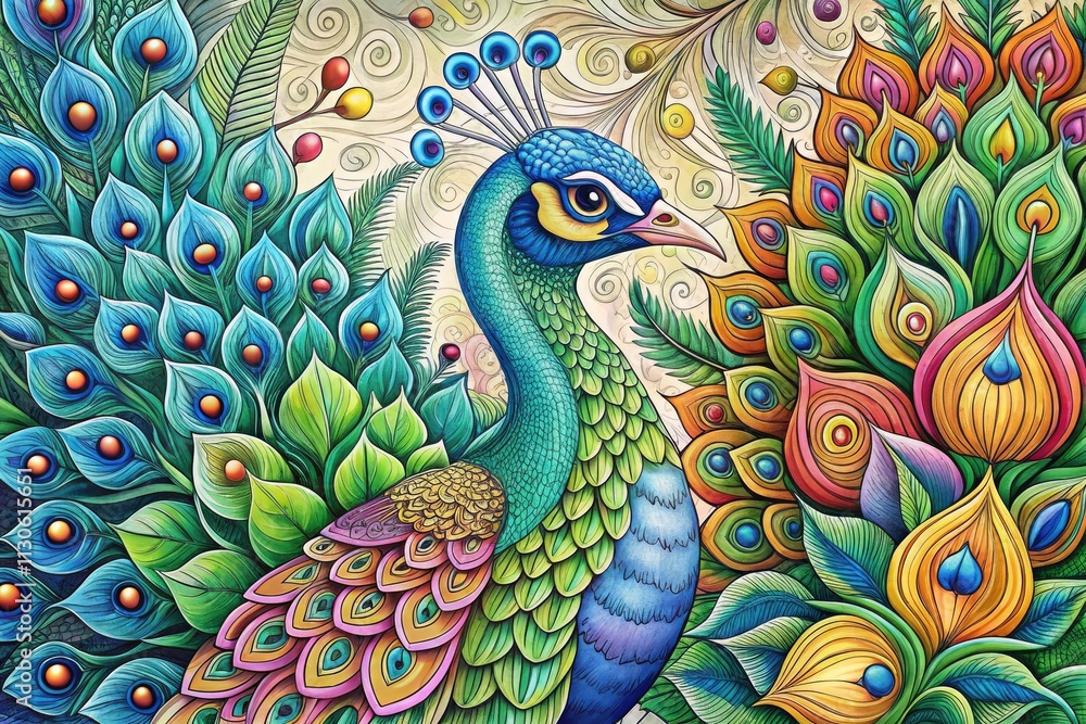 Fototapeta premium Elegant Peacock Coloring Page: Exquisite Bird Illustration, High-Resolution Printable Design