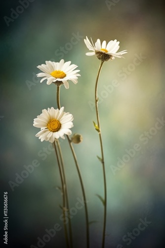 Tre margherite bianche con centro giallo su sfondo sfocato dai toni verdi e dorati. Immagine delicata e naturale, perfetta per temi botanici e primaverili photo