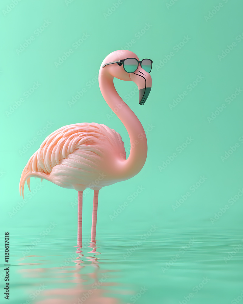 Fototapeta premium Stylish flamingo posing in serene waters tropical location digital art calm environment playful perspective creative concept