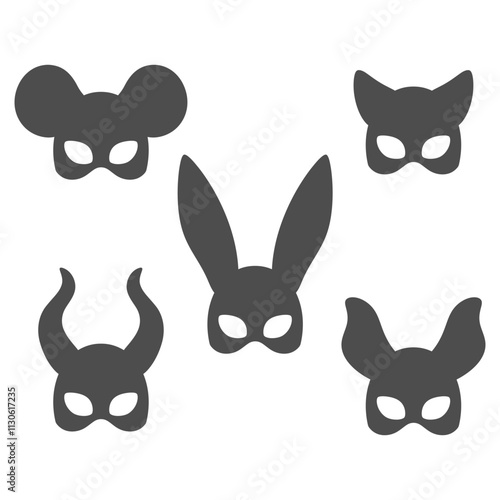 Set of carnival masks with rabbit, cat, mouse, horns ears. Isolated vector objects on white background.