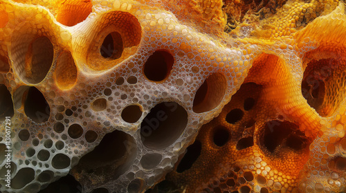 Abstract honeycomb macro texture. Agricultural or industrial layout. Aesthetic trend. Generative AI photo