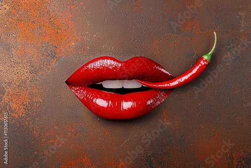 A striking image of glossy red lips playfully holding a chili pepper, set against a textured brown background, evoking a sense of spice and allure.