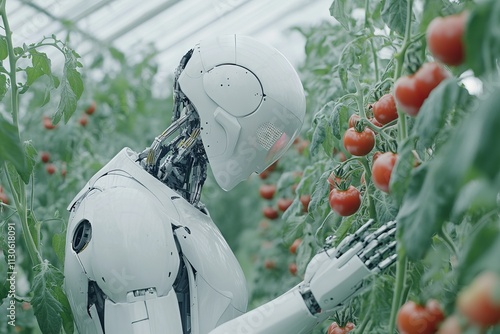 Humanoid Robot Harvesting Tomatoes in Greenhouse. AI generated illustration