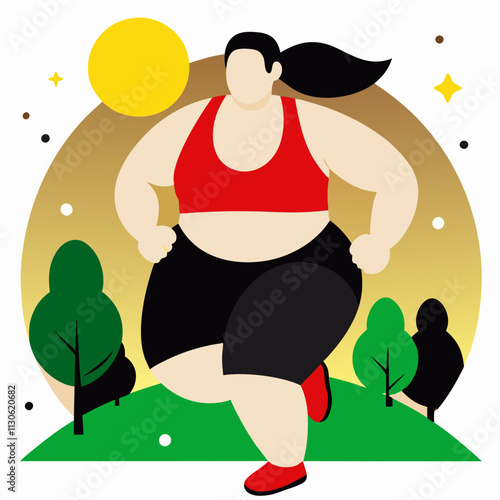 A plus-size woman jogging outdoors against the backdrop of nature, promoting body positivity, health and fitness.Vector color flat illustration for websites and blogs about sports and healthy lifestyl