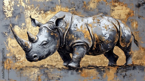 Abstract rhino painting on oriental-style gray and gold canvas. Modern animal art for home decor or interior design.  photo