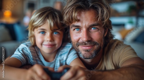 Parents with the children sitting at home and playing video game