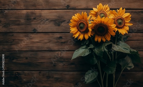 Sunflower Bouquet on Rustic Wooden Background. AI generated illustration