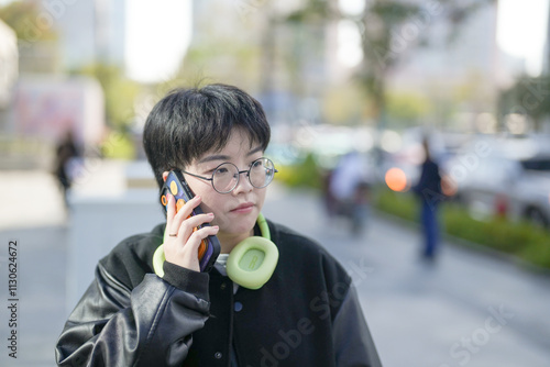 A Chinese woman in her 30s in sporty clothes makes a call on a smartphone in front of an intersection in Jing'an District, Shanghai, China on a cold winter day in December 2024. photo