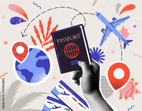 Travel and Tourism. Vintage nostalgic collage with hand holding passport, plane tickets and tourist destination on map. Retro poster related to journey. Cartoon vector illustration in halftone style
