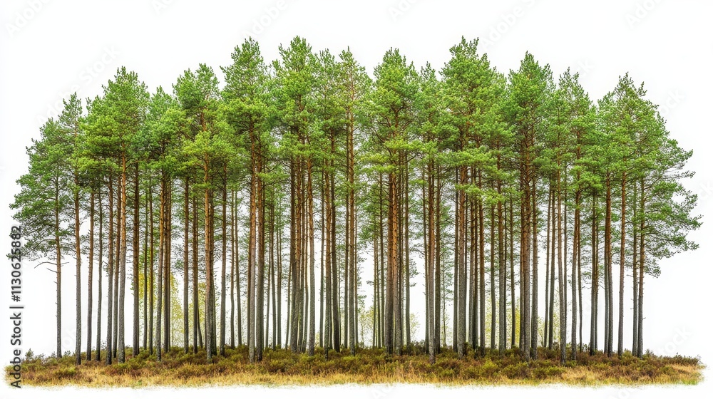 Fototapeta premium Forest cut-out on white background, emphasizing environmental conservation, forestry management, and natural resource sustainability.