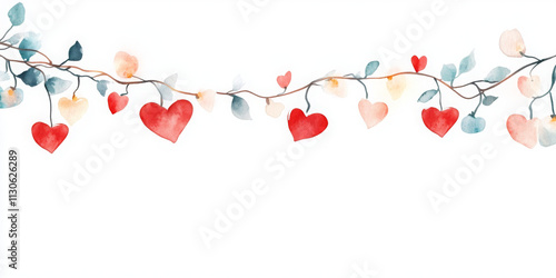Whimsical watercolor illustration of heart shaped leaves and vines, perfect for romantic themes