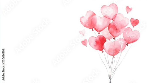 Whimsical watercolor illustration of heart shaped balloons in pink tones