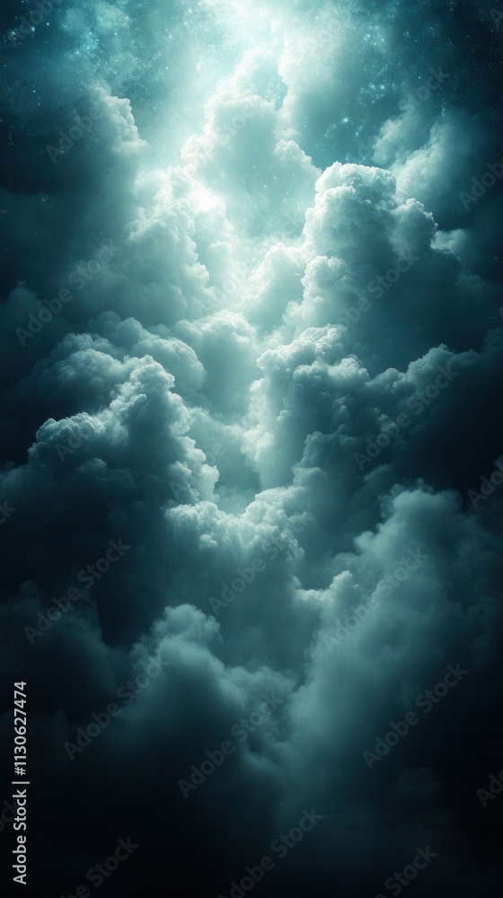 Fototapeta premium A dramatic view of dark, swirling clouds illuminated by a soft, ethereal light.