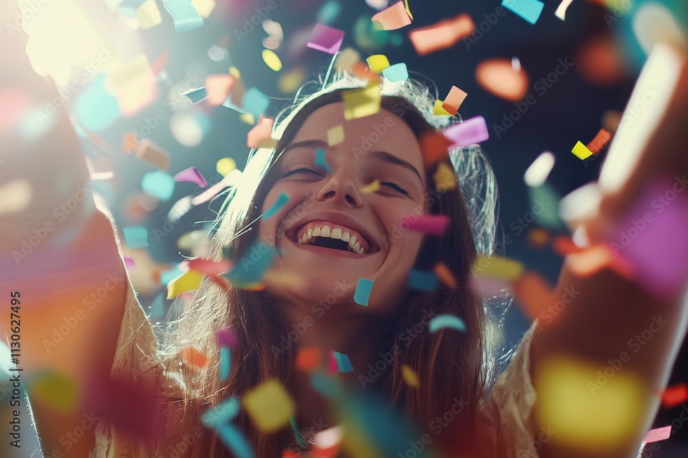 Obraz premium Young employees celebrating success in office with confetti, emphasizing teamwork, corporate culture, job promotions, and milestone achievements.