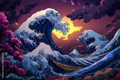 Great Wave Sunset - Ukiyo-e Inspired Digital Art photo