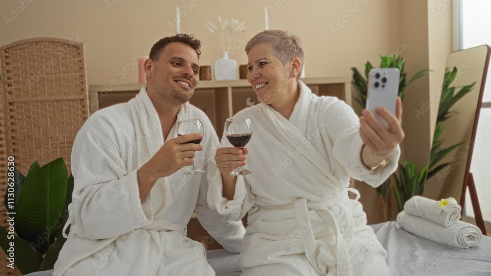 Obraz premium Woman and man in spa robes taking a selfie and drinking wine in a cozy spa center with plants in the background
