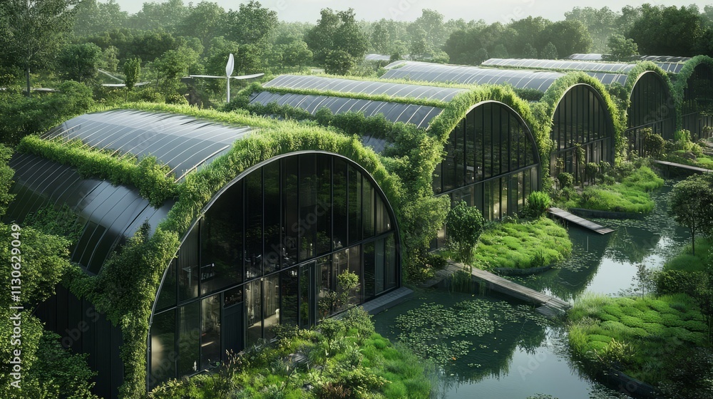 Fototapeta premium A sustainable ski resort powered by wind and solar energy A sustainable city graphic cradled by a glowing globe A solar farm in a desert landscape, rows of solar panels absorbing sunlight