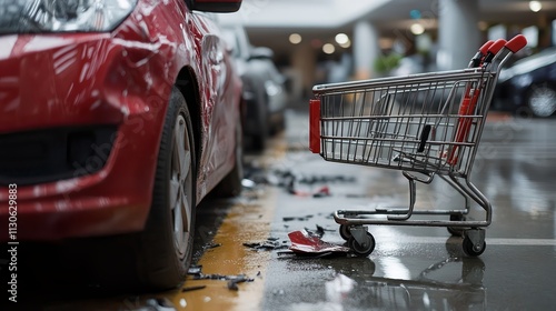  Damaged red car in a parking lot with a shopping cart, emphasizing accidents, urban chaos, or carelessness.