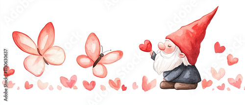 whimsical gnome with red hat holds heart surrounded by butterflies and hearts photo