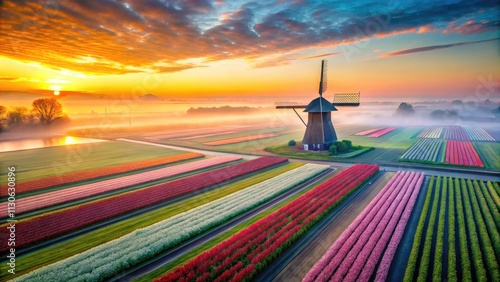 Sunrise Foggy Tulips Aerial View Hogeveensemolen Windmill Noordwijkerhout Netherlands Long Exposure Photography photo