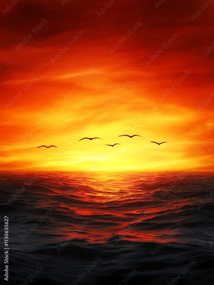 Obraz premium A stunning sunset over the ocean, featuring vibrant orange hues and silhouetted birds flying across the horizon.