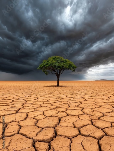 A solitary tree stands against a backdrop of dark, stormy clouds over cracked, parched earth, highlighting themes of drought and resilience. photo